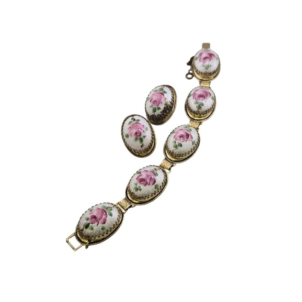 Vintage Whiting And Davis Domed Floral Porcelain Bracelet Set (A8144)
